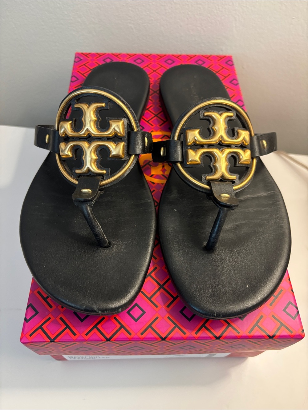 Tory Burch Black Leather Miller Sandals with Gold Logo Medallions 8M